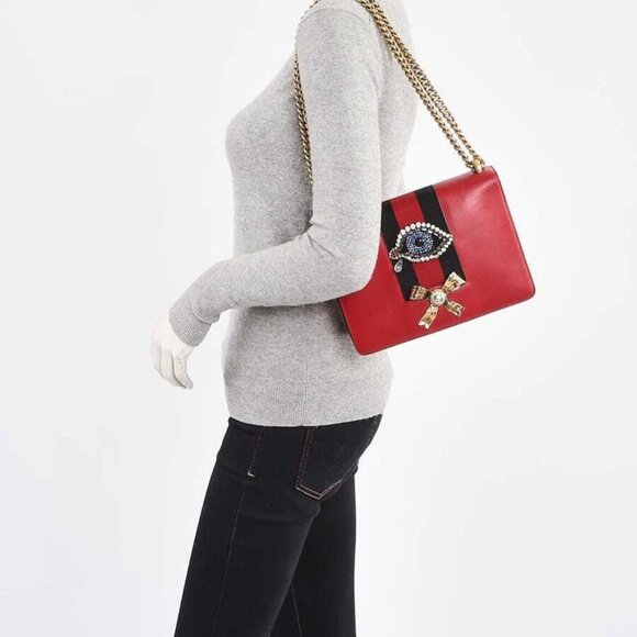 Gucci Red Leather Peony Medium Eye Chain Shoulder Bag - Picture 2 of 11